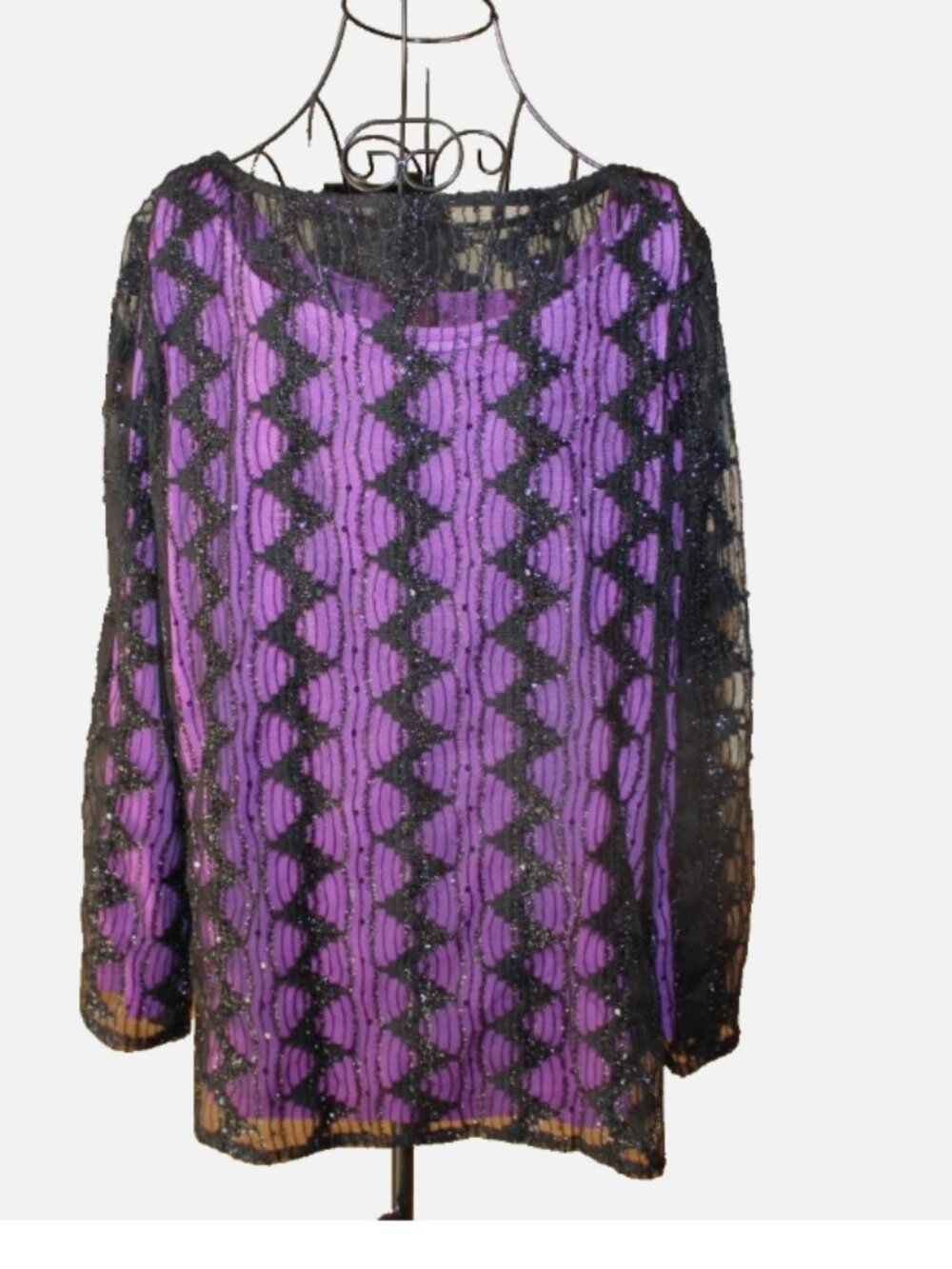 NWT Bob Mackie Wearable Art 1X Purple Black Chevron Sequin Lace Tunic Top - Picture 2 of 8